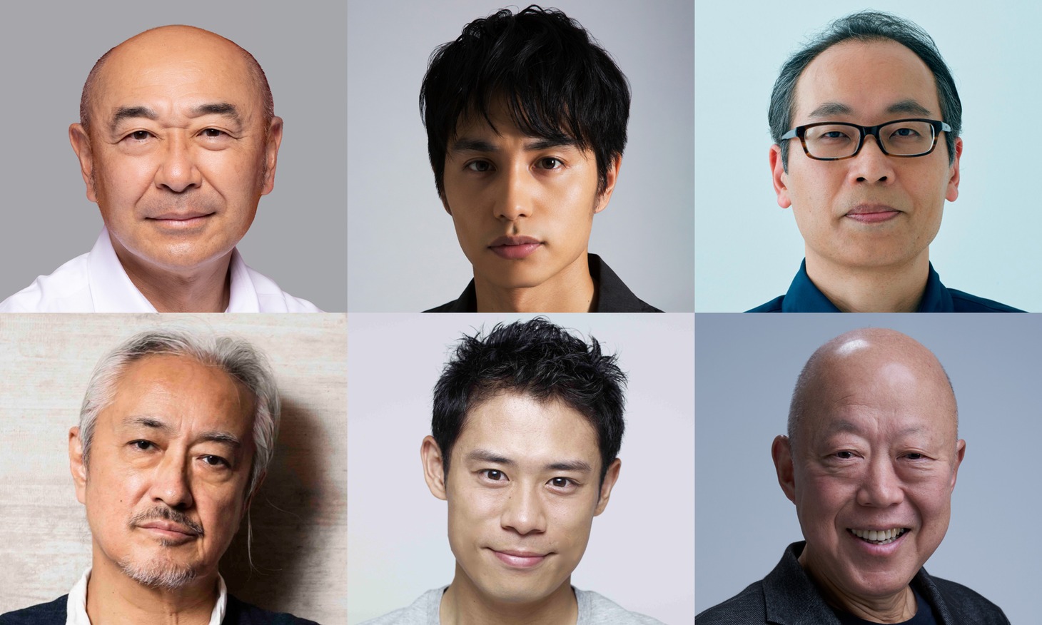上段左から高橋克実、中村蒼、正名僕蔵、下段左から山路和弘、伊藤淳史、六平直政。
