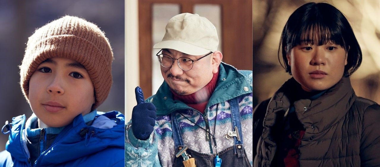 「姪のメイ 冬キャンプ編」より、左から尾上眞秀演じる大平とも、街裏ぴんく演じる西畑章三、忽那文香演じる大平麗子。