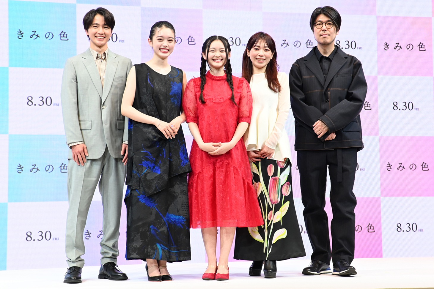 「きみの色」製作報告会の様子。左から木戸大聖、高石あかり、鈴川紗由、山田尚子、川村元気。