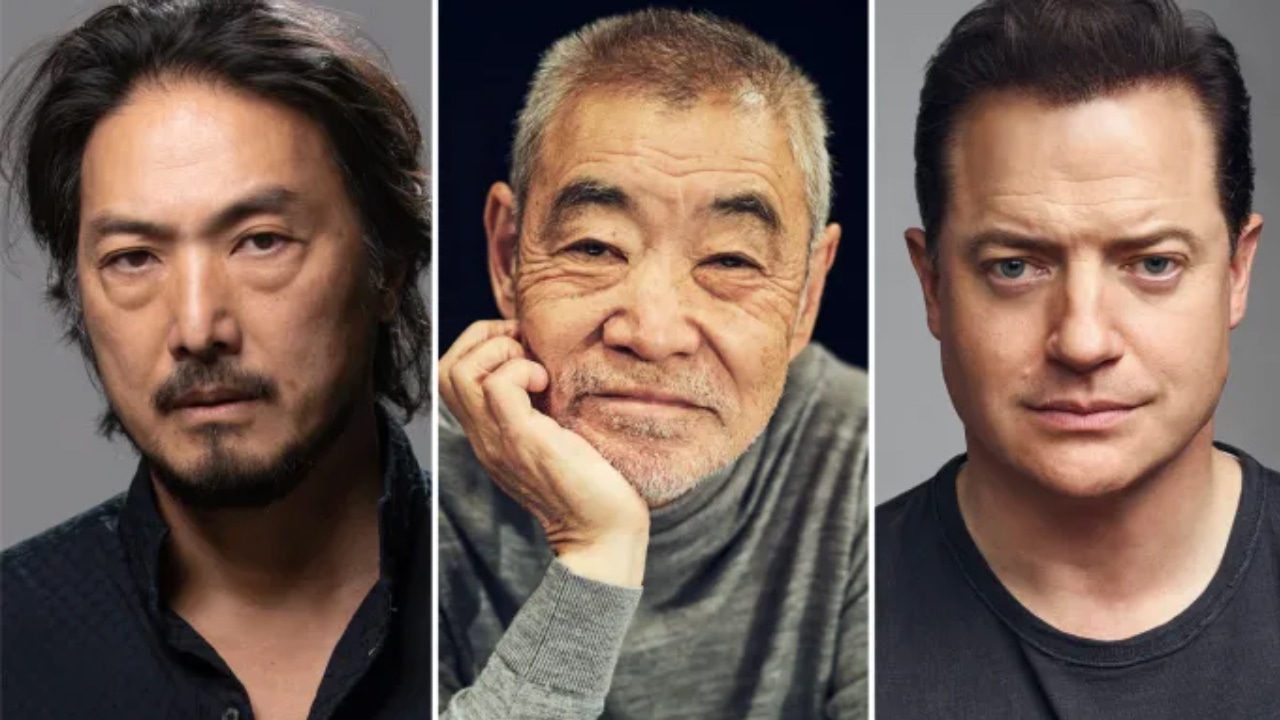 左から平岳大、柄本明、ブレンダン・フレイザー。
