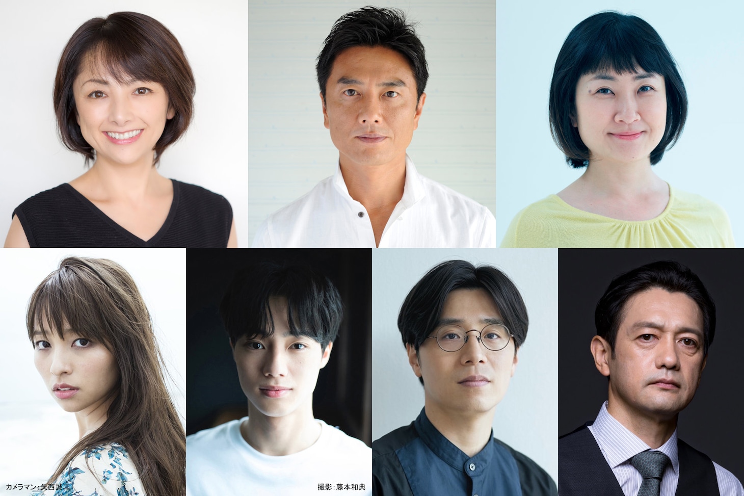上段左より櫻井淳子、原田龍二、猫背椿。下段左より水崎綾女、夏生大湖、田村健太郎、飯田基祐。
