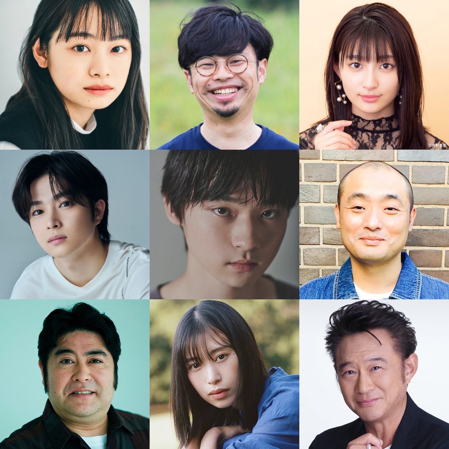 「街並み照らすヤツら」新キャスト組み写真。上段左から月島琉衣、浜野謙太、吉川愛。中段左から曽田陵介、萩原護、宇野祥平。下段左から皆川猿時、森川葵、船越英一郎。