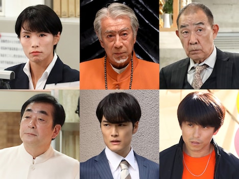上段左から松本薫、高田純次、でんでん。下段左から菅原大吉、青山隼、中尾明慶。