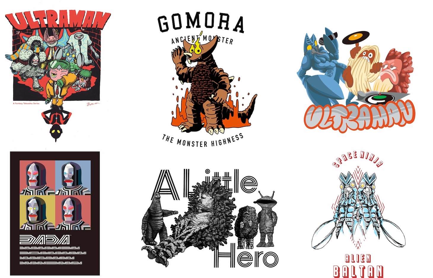 左上から時計回りにKANA SUZUKI、前田麦、JUNK- R、佐藤良真、吉村生成、内田猿によるアート。