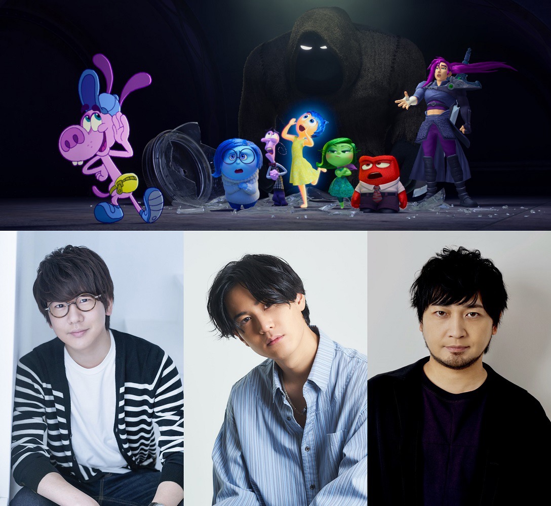 「インサイド・ヘッド2」の場面カット（上段）。下段は左から花江夏樹、武内駿輔、中村悠一。