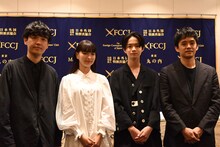 映画「ぼくのお日さま」日本外国特派員協会での会見の様子。左から奥山大史、中西希亜良、越山敬達、池松壮亮。