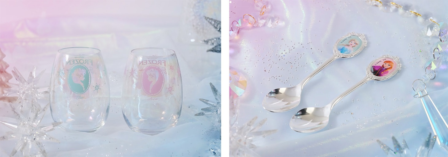 左からオーロラグラス（税込各2200円）、ティースプーン（税込各1100円）。