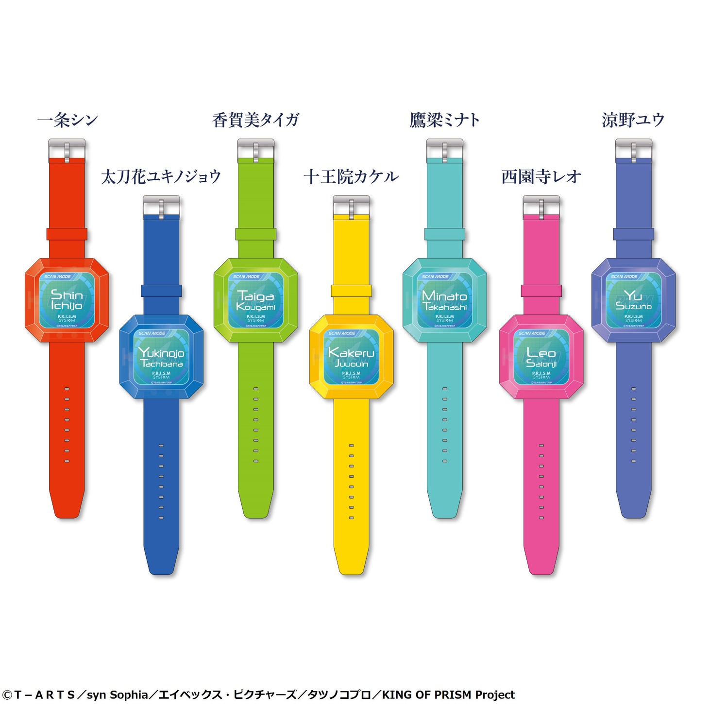 第3弾ムビチケカード特典となる、プリズムウォッチ風リストバンド型ライト全7種のビジュアル。