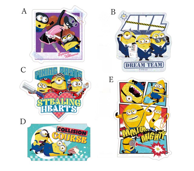 「怪盗グルーのミニオン超変身」のクリアホロステッカー（各税込330円）。