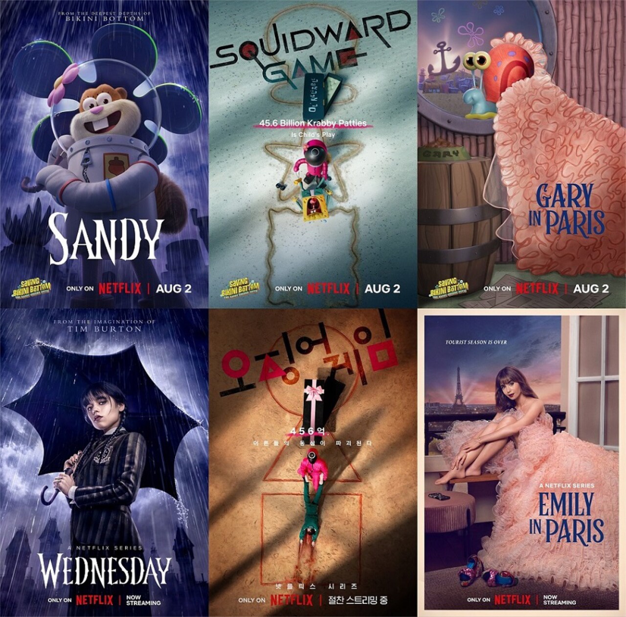 Netflix映画「サンディ・チークスのビキニタウン救出大作戦」のパロディビジュアル。左から「ウェンズデー」「イカゲーム」「エミリー、パリへ行く」。