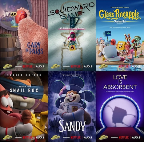 Netflix映画「サンディ・チークスのビキニタウン救出大作戦」のパロディビジュアル。上段左から「エミリー、パリへ行く」「イカゲーム」「バード・ボックス」。下段左から「バード・ボックス」「ウェンズデー」「ラブ・イズ・ブラインド」。