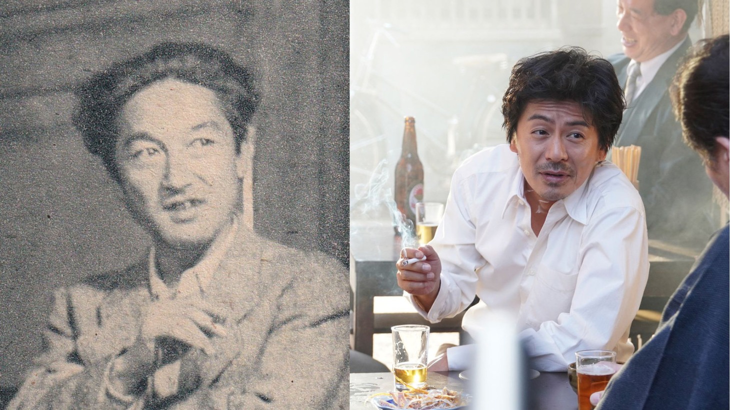 和田信賢（左）と、彼を演じる森田剛（右）。