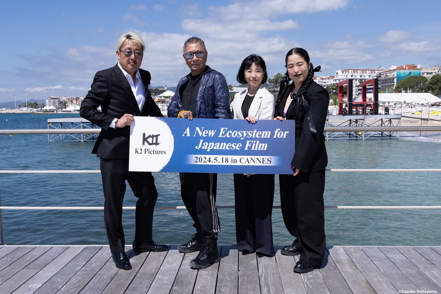 フランス・カンヌにて、左から紀伊宗之、三池崇史、西川美和、ゆりやんレトリィバァ。三池、西川、ゆりやんは「K2P Film Fund I」で映画を制作することが決まっている。(c)Kazuko Wakayama