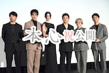「本心」公開記念舞台挨拶にて、左から石井裕也、水上恒司、三吉彩花、池松壮亮、田中裕子、妻夫木聡