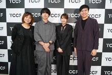 2024 TCCFでのインタビューの様子。左からアニタ・ソン（宋鎵琳）、風間太樹、本間かなみ、ナッタポン・モンコルサワット（Nuttapong Mongkolsawas）