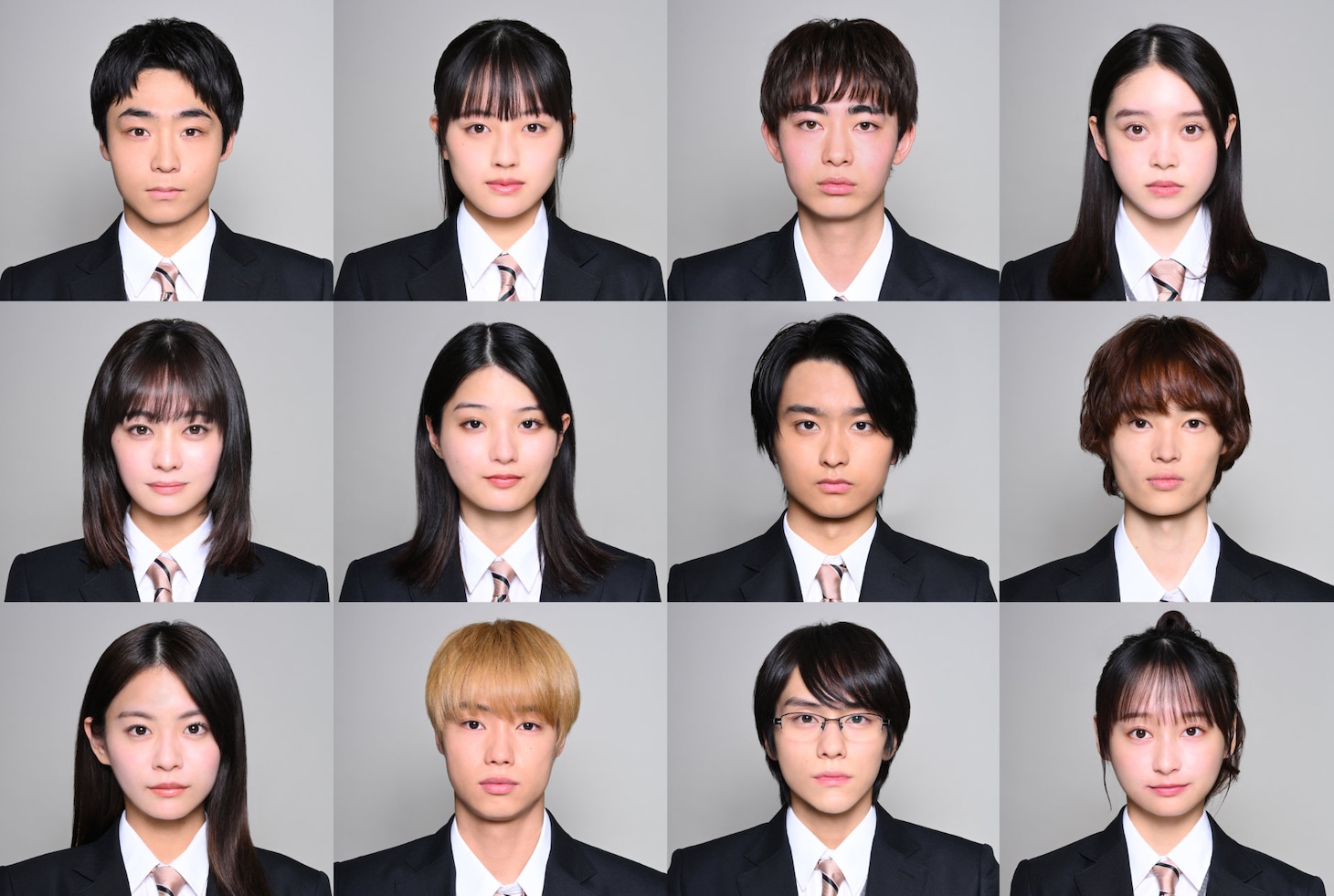 「御上先生」より、上段左から八村倫太郎、上坂樹里、豊田裕大、高石あかり。中段左から吉柳咲良、蒔田彩珠、奥平大兼、窪塚愛流。下段左から永瀬莉子、夏生大湖、山下幸輝、影山優佳