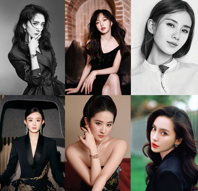 上段左からヤン・ミー（楊冪）、ティファニー・タン（唐嫣）、リウ・シーシー（劉詩詩）。下段左からチャオ・リーイン（趙麗穎）、リウ・イーフェイ（劉亦菲）、アンジェラベイビー（楊穎）