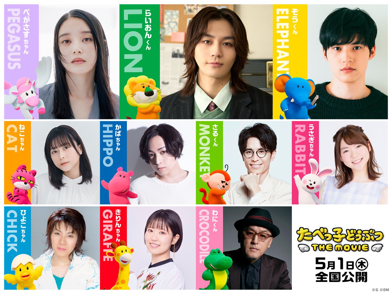「たべっ子どうぶつ THE MOVIE」の声のキャスト。上段左から高石あかり、松田元太、水上恒司。中段左から水瀬いのり、蒼井翔太、藤森慎吾、小澤亜李。下段左から間宮くるみ、東山奈央、立木文彦