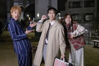 「ハツコイスイッチ」撮影現場にて、左から小島健、大水洋介、秋田汐梨