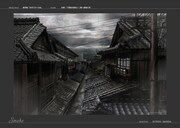 原田満生による美術プラン画像。京都・中也の下宿前の路地／二階～屋根に柿