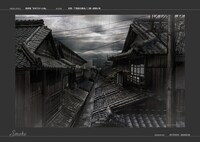 原田満生による美術プラン画像。京都・中也の下宿前の路地／二階～屋根に柿