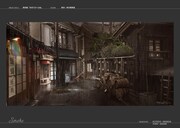 原田満生による美術プラン画像。東京・中也と小林が雨宿りする角の煙草屋