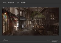 原田満生による美術プラン画像。東京・中也と小林が雨宿りする角の煙草屋