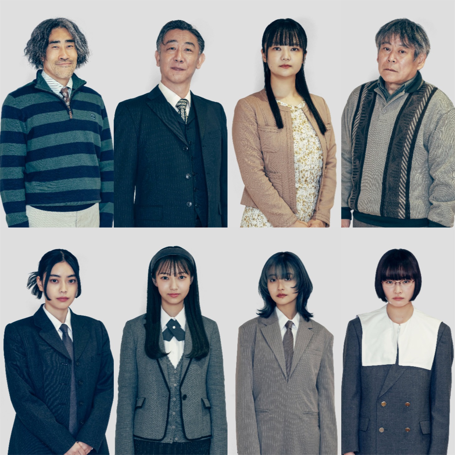 上段左からなすび、利重剛、イワクラ、おかやまはじめ。下段左から水野響心、吉名莉瑠、花音、つぐみ。