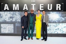 「アマチュア」ワールドプレミアの様子。左からジェームズ・ホーズ、ローレンス・フィッシュバーン、カトリーナ・バルフ、ラミ・マレック