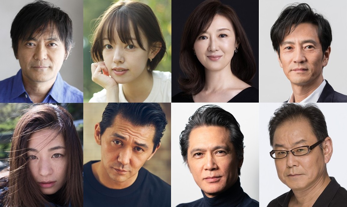 「仏師」キャスト。上段左から渡辺いっけい、柳生みゆ、赤間麻里子、津田寛治。下段左から尾野真千子、村上淳、加藤雅也、ベンガル