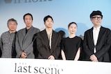 「ラストシーン」プレミア試写会の様子。左から是枝裕和、黒田大輔、仲野太賀、福地桃子、リリー・フランキー