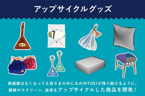 「さよなら 丸の内TOEI」クラウドファンディング企画より、アップサイクルグッズのビジュアル