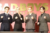「BADBOYS -THE MOVIE-」初日舞台挨拶より、左から山中柔太朗、豆原一成、池崎理人、井上想良