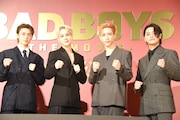 「BADBOYS -THE MOVIE-」初日舞台挨拶より、左から山中柔太朗、豆原一成、池崎理人、井上想良