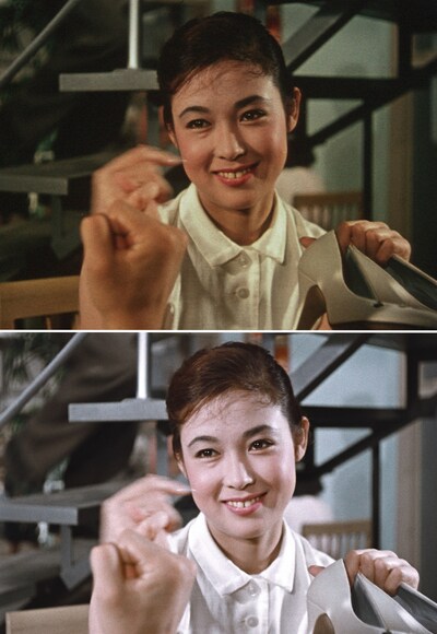 「青空娘」場面写真（上段）と「青空娘 4K版」場面写真 （下段） ©KADOKAWA1957