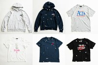 左上から時計回りにDots Hoodie by Pillings（グレー / ネイビー 税込各5万8300円）、A24 Tee by Pillings（税込3万9600円）、Maxine Baby Tee by Pillings（税込3万6300円）、Navy Logo Tee by Pillings（税込3万9600円）、Baby Girl Tee by Pillings（税込3万9600円）