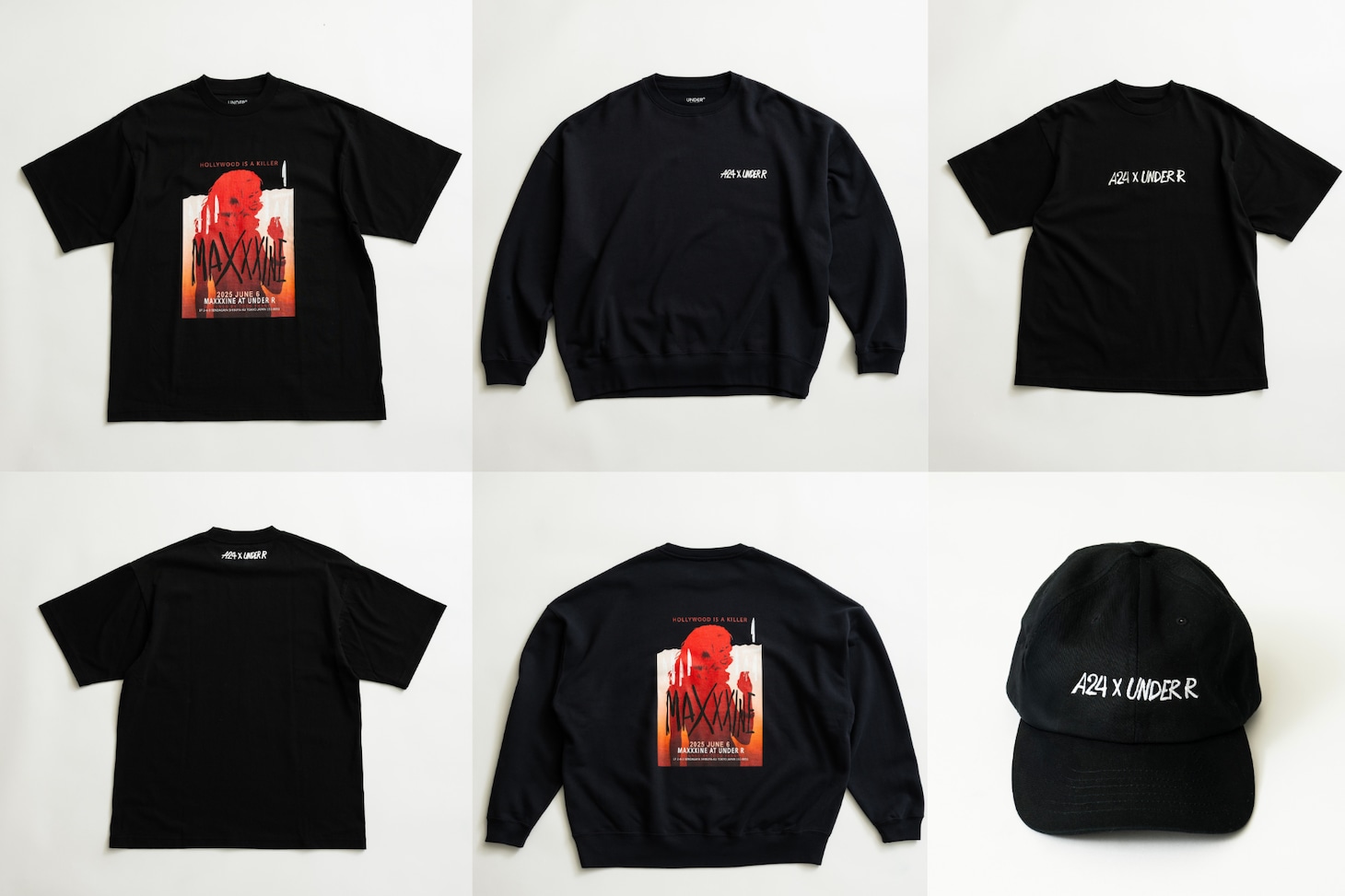 左からTodd Francis Tee（税込9900円）、Todd Francis Sweat （税込1万7600円）、A24×UNDER R Tee by Todd Francis（税込9900円）、A24×UNDER R Cap by Todd Francis（税込8800円）