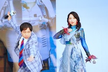 ポーズを決めるせいや（左）、ファーストサマーウイカ（右）