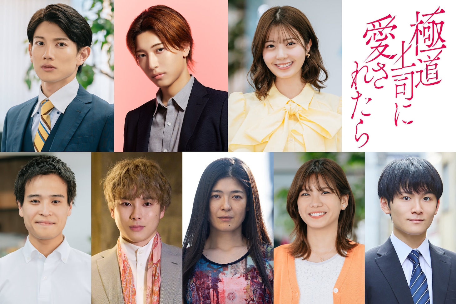 「極道上司に愛されたら」新キャスト。上段左から赤澤遼太郎、中村嶺亜、星乃夢奈。下段左から堀家一希、柾木玲弥、山田キヌヲ、朝日ななみ、山崎光