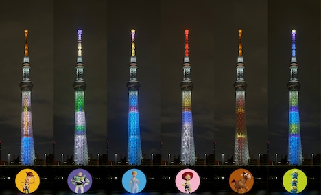 特別ライティング(左からウッディ、バズ・ライトイヤー 、ボー・ピープ、ジェシー 、ブルズアイ、エイリアン)