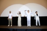 「沈黙の艦隊 北極海大海戦」舞台挨拶の様子。左から吉野耕平、上戸彩、大沢たかお、津田健次郎