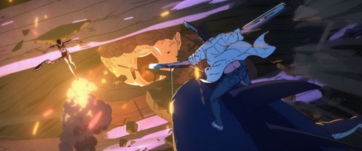 台風の悪魔とボムに、チェンソーマンとビームが立ち向かう戦闘シーン