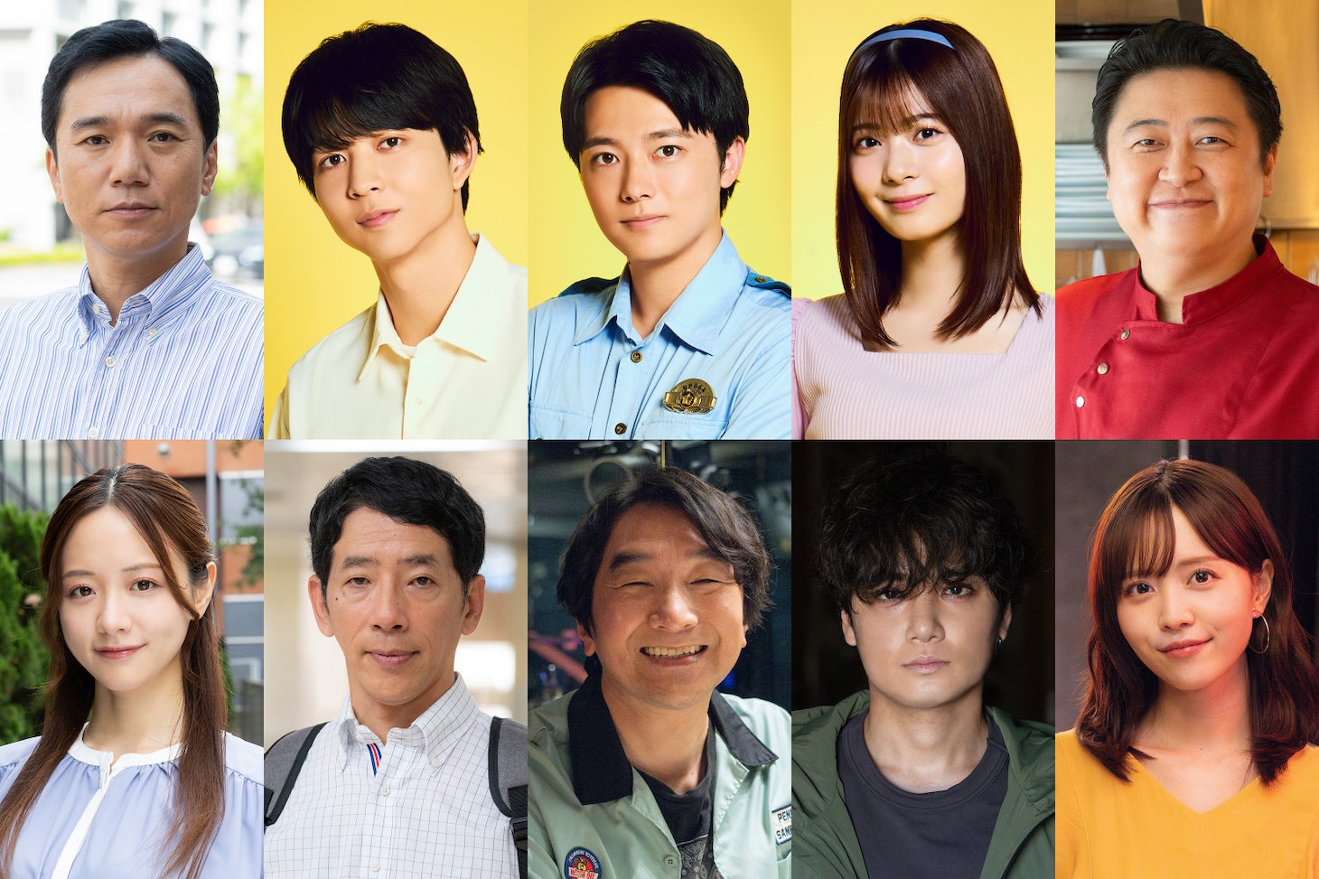 「死ぬまでバズってろ!!」新キャスト。上段左から清水伸、鈴木仁、櫻井海音、星乃夢奈、吉田ウーロン太。下段左から森香澄、野間口徹、池田鉄洋、矢野聖人、新田さちか