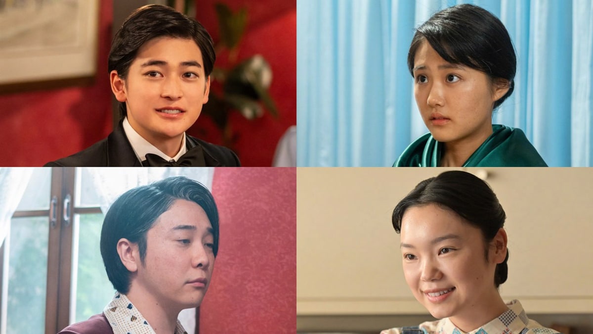 連続テレビ小説「あんぱん」特別編 スピンオフドラマの場面写真。上段左から高橋文哉演じる辛島健太郎、原菜乃華演じるメイコ。下段左から大森元貴演じるいせたくや、古川琴音演じる中尾星子