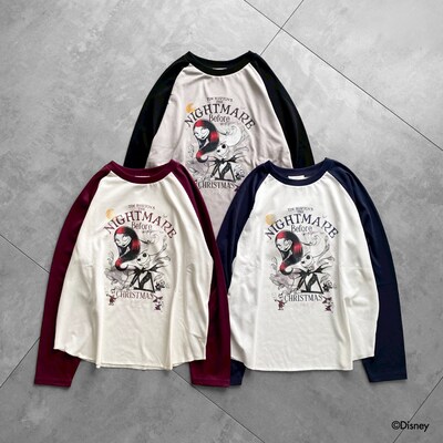 ehka sopo「ナイトメアー・ビフォア・クリスマス」ラグランＴシャツ（各税込4290円 / オフ、キナリ、グレー / フリーサイズ）