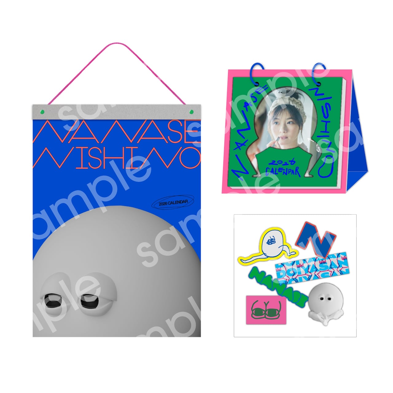 「西野七瀬カレンダー2026」壁掛け＆卓上セット（税込6800円）、購入特典のオリジナルステッカーアソート