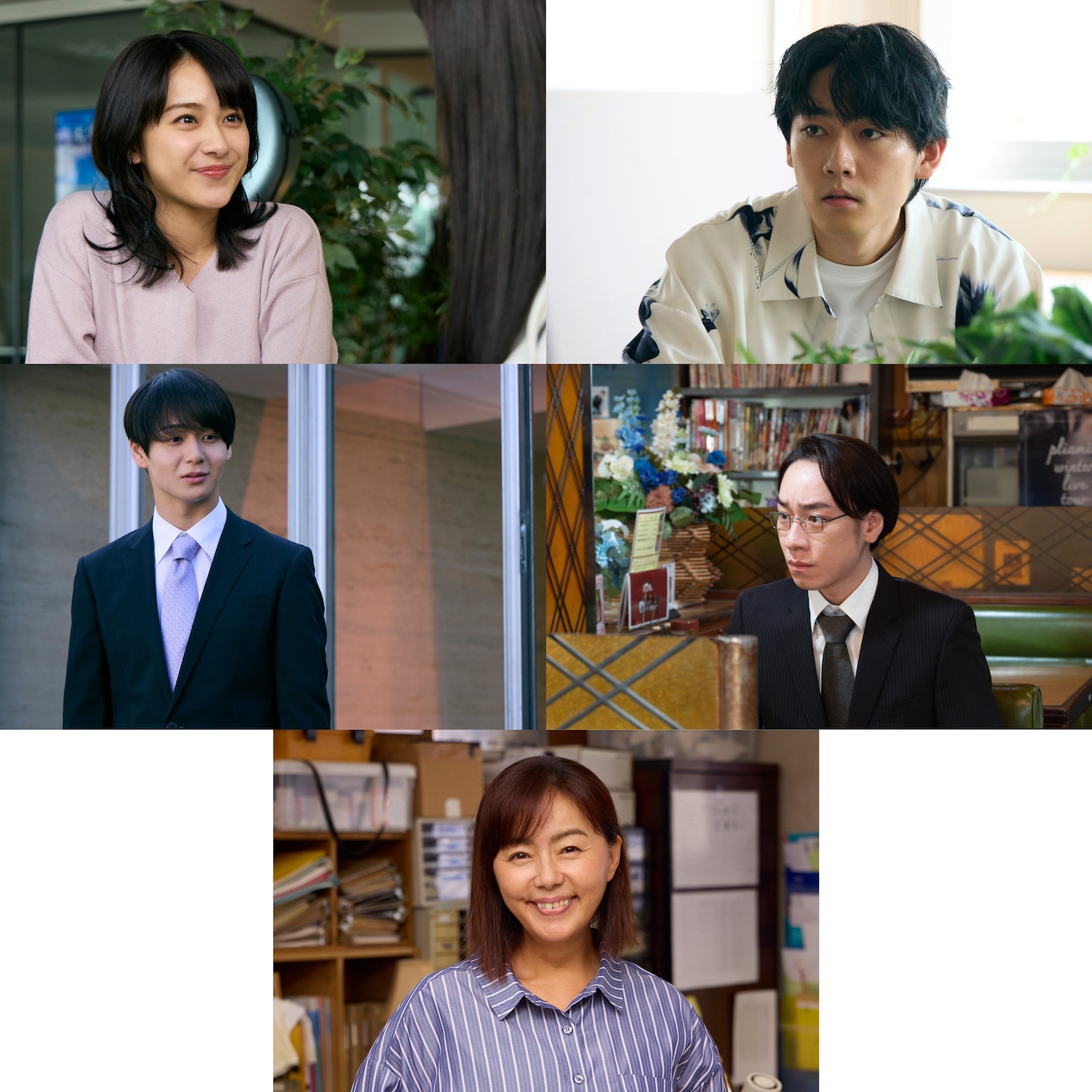 「102回目のプロポーズ」新キャスト。上段左から時計回りで平祐奈、林カラス、落合モトキ、田中律子、太田駿静