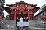 「ミーツ・ザ・ワールド」ヒット祈願イベントにて、左から松居大悟、南琴奈、杉咲花、板垣李光人