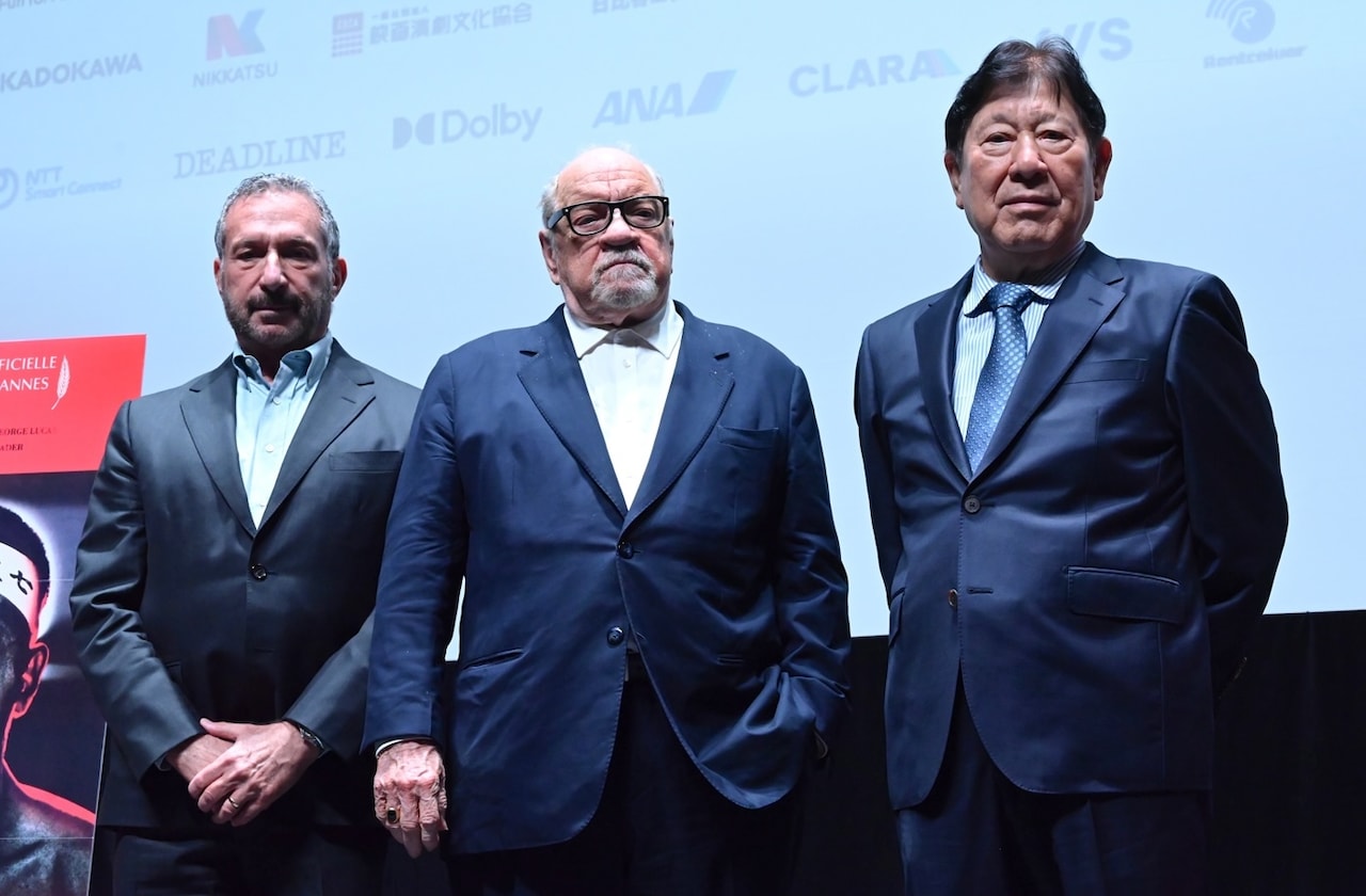 第38回東京国際映画祭「MISHIMA」ジャパンプレミアの様子。左からアラン・プール、ポール・シュレイダー、山本又一朗