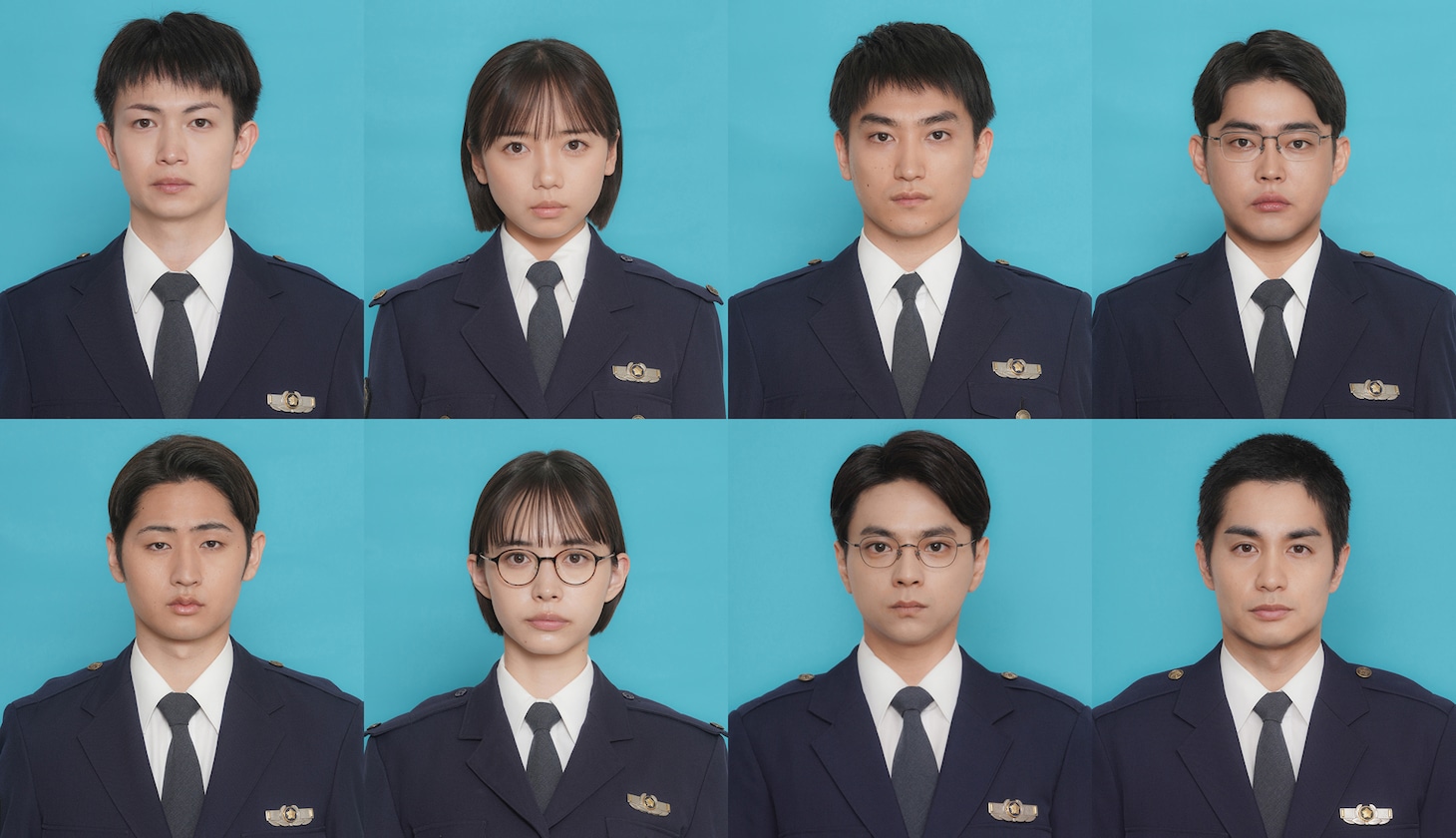 「教場 Reunion / Requiem」第205期の警察手帳の写真。上段左から綱啓永、齊藤京子、金子大地、倉悠貴演じる生徒。下段左から猪狩蒼弥、井桁弘恵、佐藤勝利、中村蒼演じる生徒